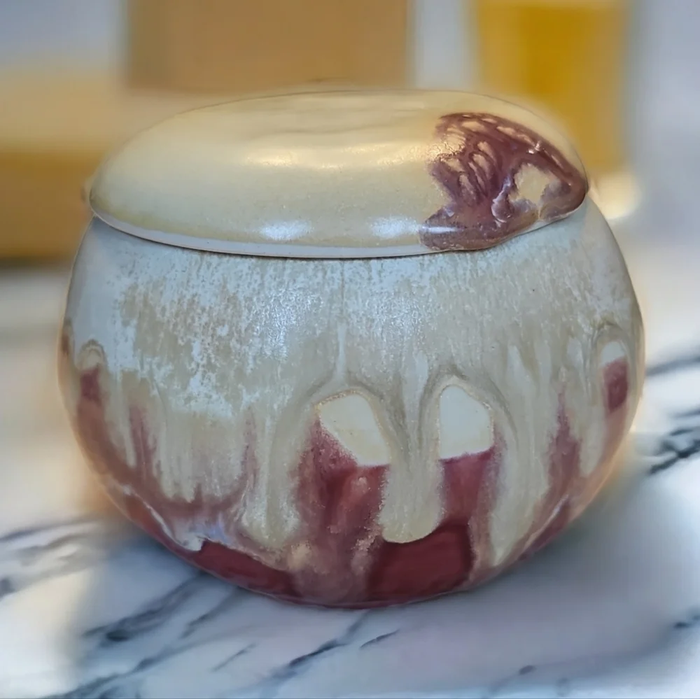 Pine Eddy Ceramic Handmade Burgundy & Cream Butter Crock/Bell